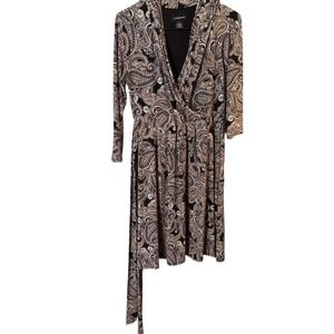 Liz Claiborne Womens Paisley Faux Wrap Dress Black Tan 3/4 Sleeve Small